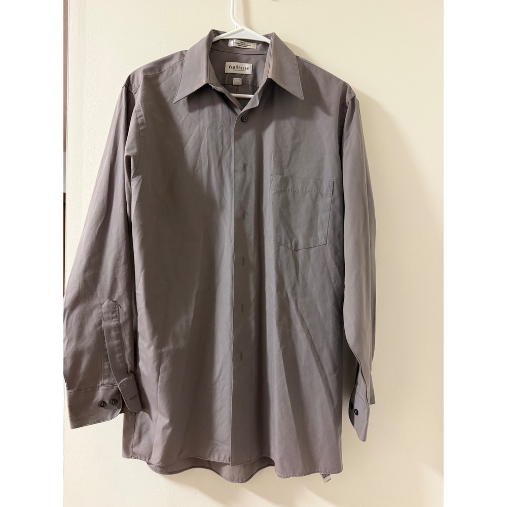 Van Heusen Button Down Shirt Mens 15 32/33 Grey Good Poplin Long Sleeve Pocket